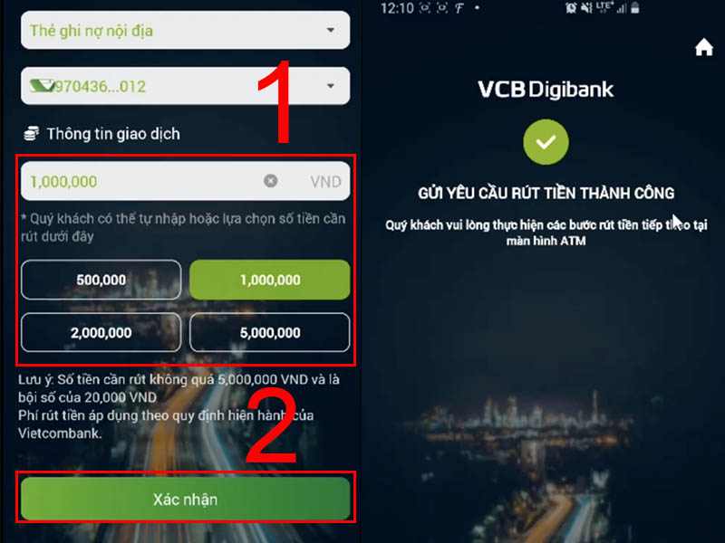 Chọn số tiền cần r&uacute;t v&agrave; nhấn X&aacute;c nhận